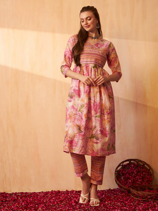Aspora Floral Printed Angrakha Gotta Patti Pure Cotton Kurta with Trousers