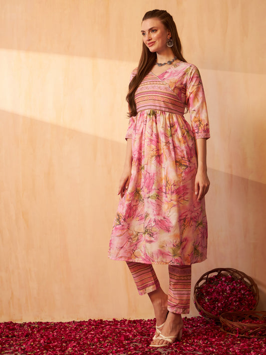 Aspora Floral Printed Angrakha Gotta Patti Pure Cotton Kurta with Trousers