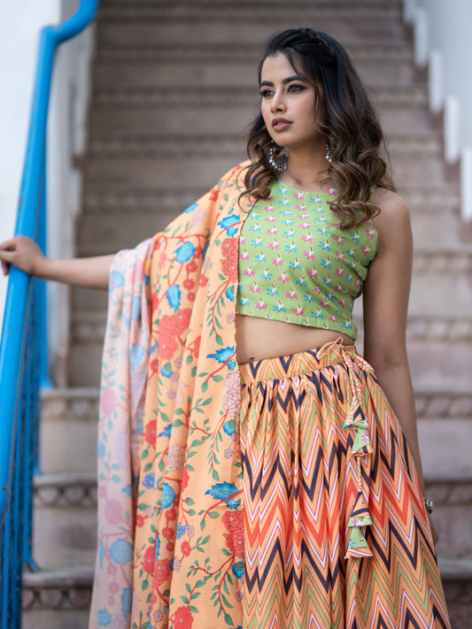 Orange Printed Semi-Stitched Lehenga & Unstitched Blouse With Dupatta (LHG-BL-ASL_11-Orange)