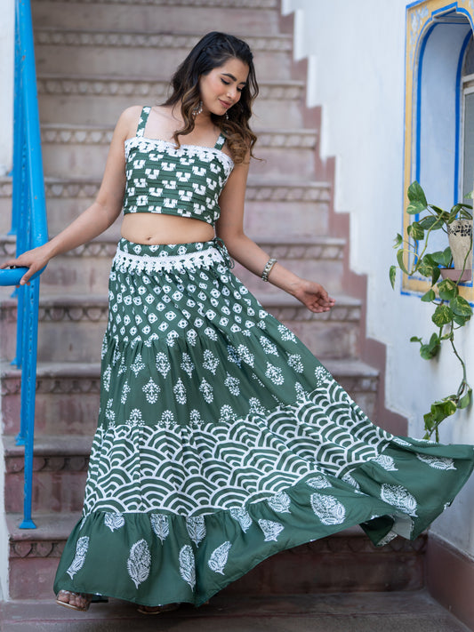 Green Printed Semi-Stitched Lehenga & Unstitched Blouse (LHG-BL-ASL_12-D.Green)