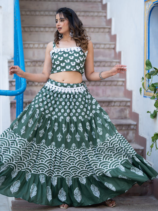 Green Printed Semi-Stitched Lehenga & Unstitched Blouse (LHG-BL-ASL_12-D.Green)