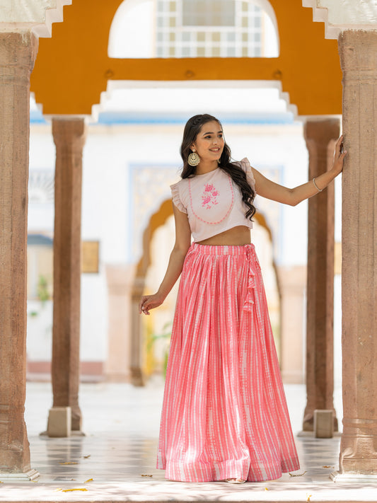 Pink Printed Semi-Stitched Lehenga & Unstitched Blouse