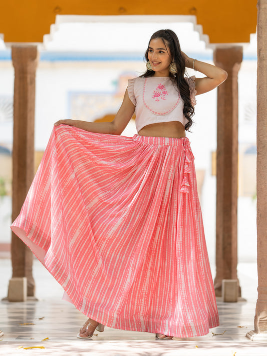 Pink Printed Semi-Stitched Lehenga & Unstitched Blouse