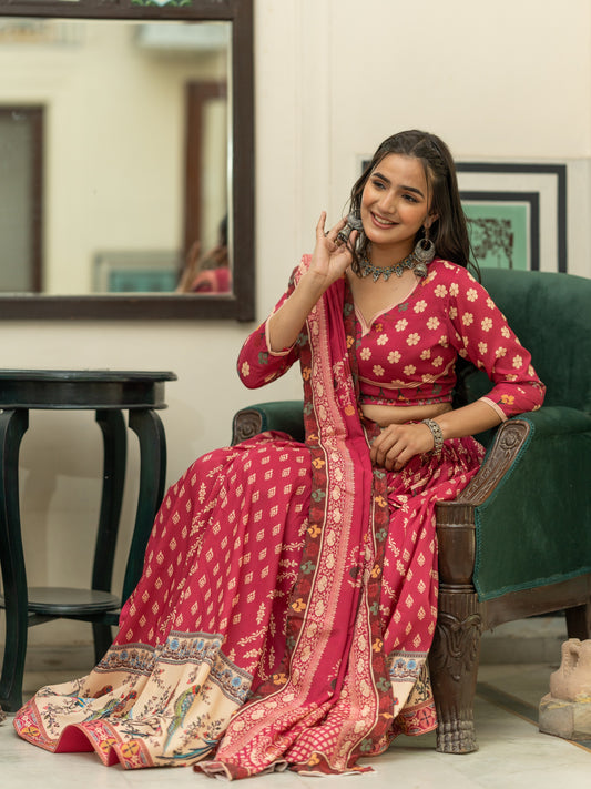 Dark Pink Printed Semi-Stitched Lehenga & Unstitched Blouse With Dupatta (LHG-BL-ASL_17-Burgundy)