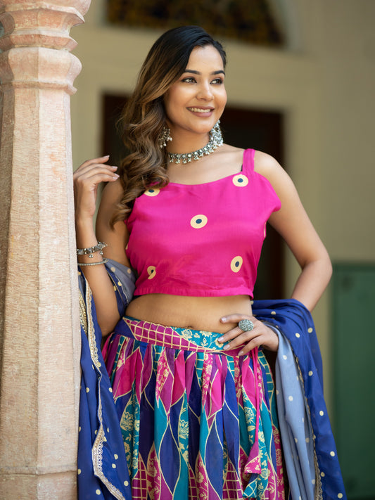 Pink & Blue Printed Semi-Stitched Lehenga & Unstitched Blouse With Dupatta (LHG-BL-ASL_2-PinkBlue)