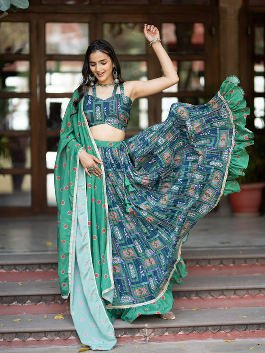 Green Printed Semi-Stitched Lehenga & Unstitched Blouse With Dupatta (LHG-BL-ASL_3-Green)