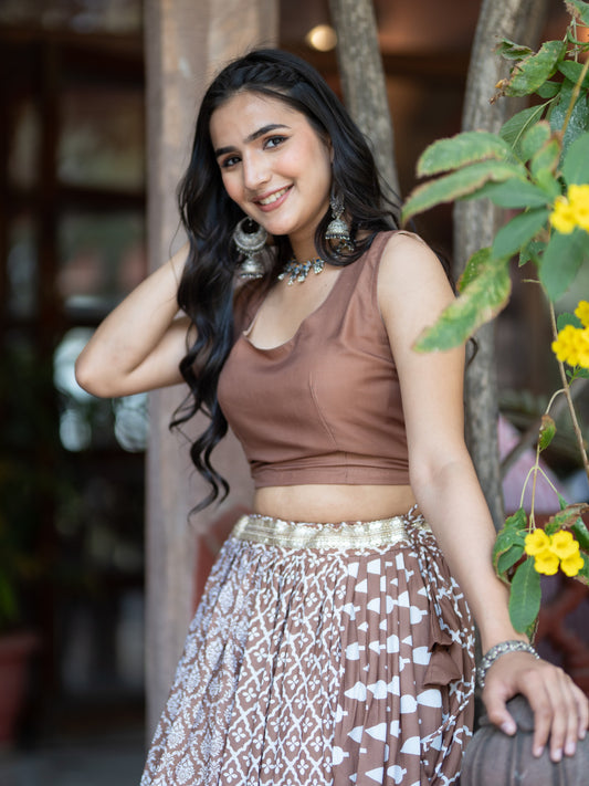 Coffee Printed Semi-Stitched Lehenga & Unstitched Blouse (LHG-BL-ASL_4-Coffee)