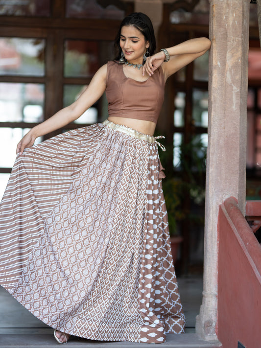 Coffee Printed Semi-Stitched Lehenga & Unstitched Blouse (LHG-BL-ASL_4-Coffee)