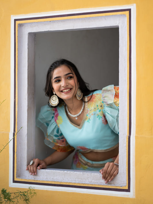 SkyBlue Organza Silk Printed Semi-Stitched Lehenga & Unstitched Blouse