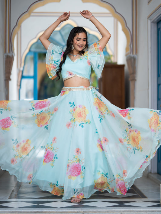 SkyBlue Organza Silk Printed Semi-Stitched Lehenga & Unstitched Blouse