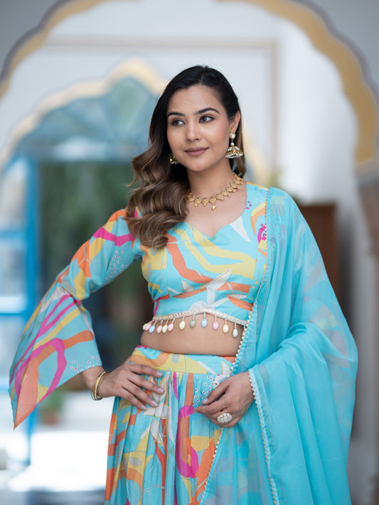 SkyBlue Abstract Printed Semi-Stitched Lehenga Set with Dupatta