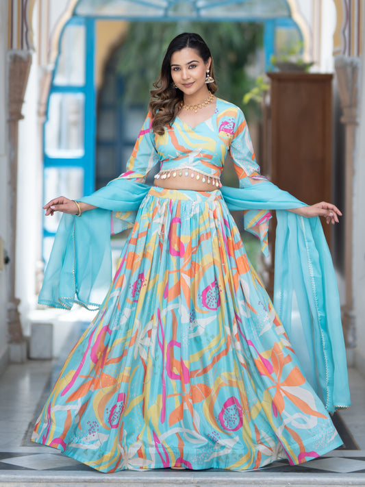 SkyBlue Abstract Printed Semi-Stitched Lehenga Set with Dupatta