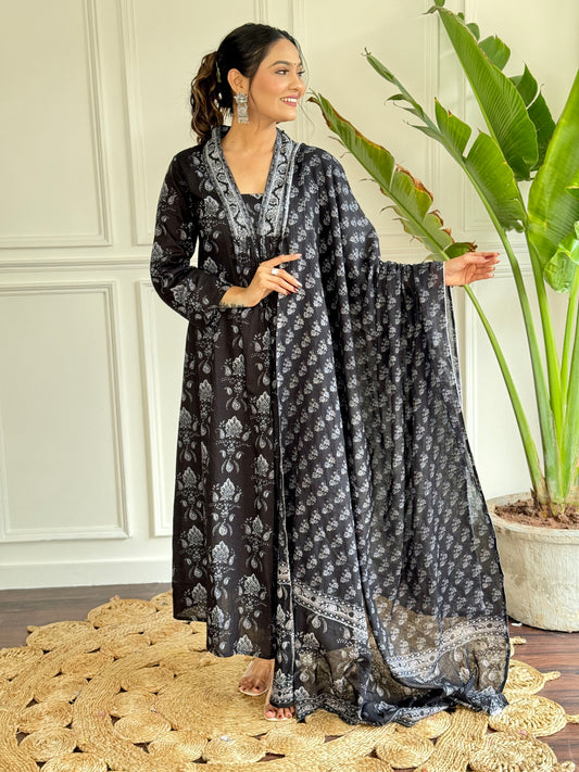 Women's Black Jaipuri-Style Printed Pure Cotton Anarkali Kurta with Pant & Dupatta