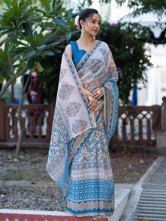 Aspora Women's Blue Poly Georgette Floral Printed Saree With Blouse Piece (SR-BL-O1-Blue)