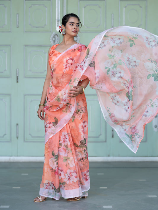 Aspora Women's Peach Poly Georgette Floral Printed Saree With Blouse Piece (SR-BL-O13-Peach)