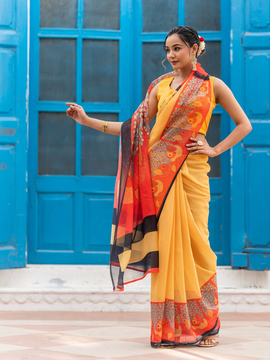 Aspora Women's Yellow & Red Poly Georgette Floral Printed Saree With Blouse Piece (SR-BL-O15-Yellow_Red)