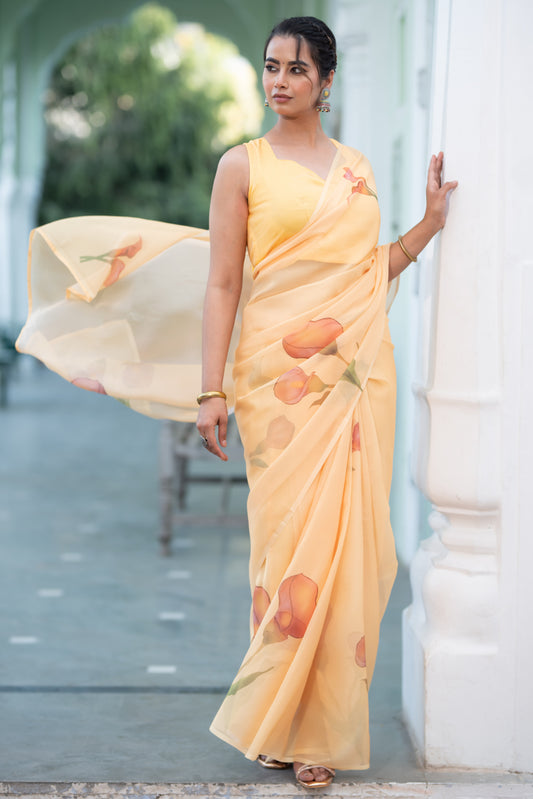 Aspora Women's Light Orange Saree Poly Georgette Floral Printed Saree With Blouse Piece (SR-BL-O2-LightOrange)