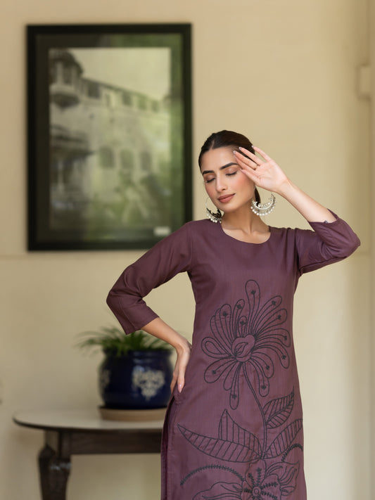 Wine Cotton Embroidered Kurta with Plain Trouser