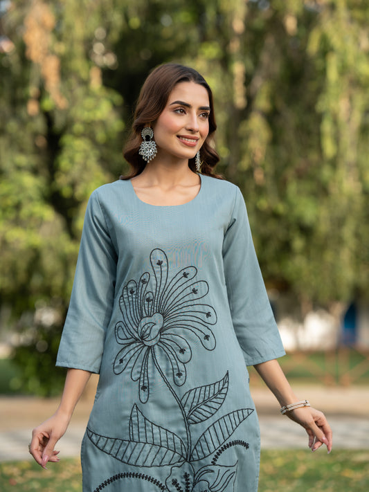 Turquoise Blue Cotton Embroidered Kurta with Plain Trouser