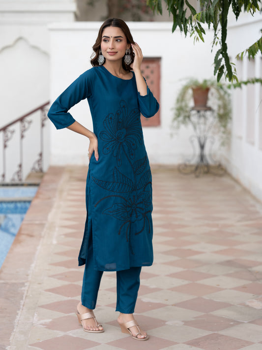 Blue Cotton Embroidered Kurta with Plain Trouser