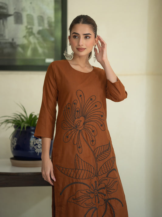 Rust Cotton Embroidered Kurta with Plain Trouser