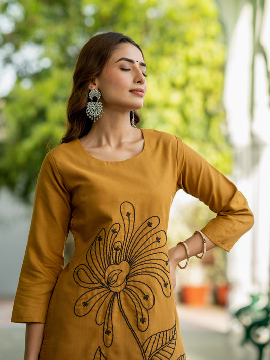 Mustard Cotton Embroidered Kurta with Plain Trouser