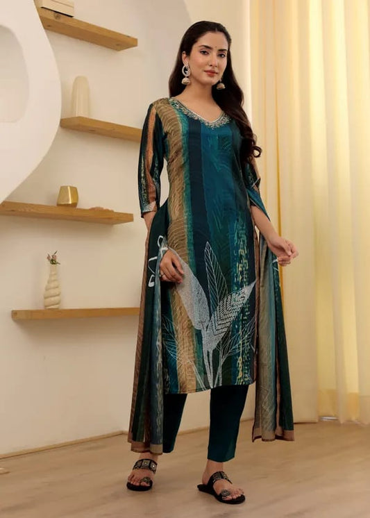Dark Green Color Embroidered With Printed Border Cotton Silk Straight Kurta With Trousers & Dupatta