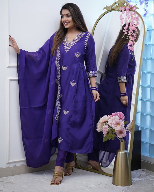 Purple Embroidered With Flared Chanderi Straight Kurta With Trousers & Dupatta