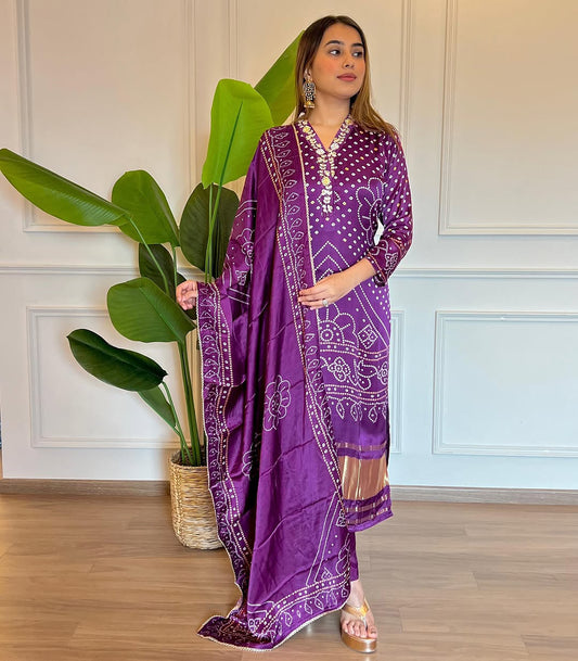 Purple Print With Embroidery Viscose Straight Kurta With Trousers & Dupatta