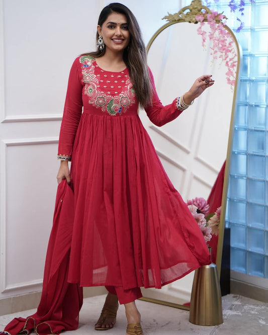 Maroon Color Embroidered With Lace Work And Flared Anarkali Kurta With Trousers & Dupatta