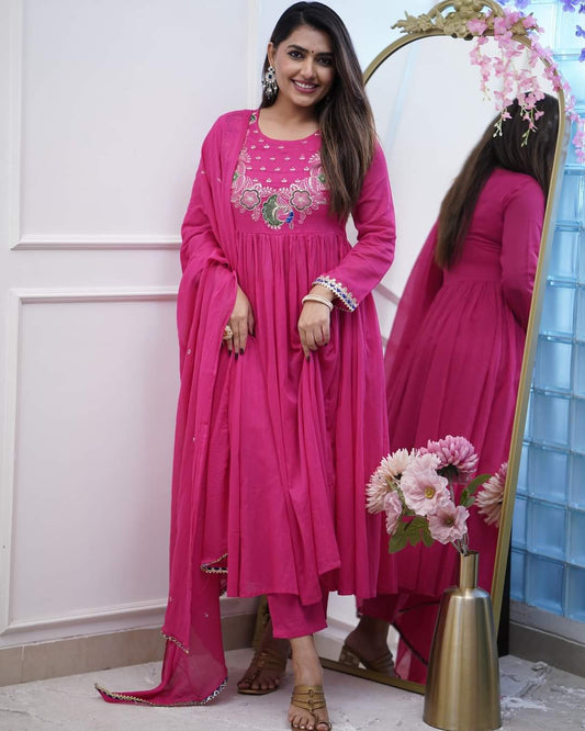Pink Color Embroidered With Lace Work And Flared Anarkali Kurta With Trousers & Dupatta