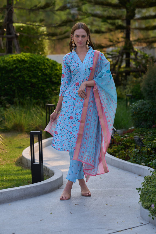 Skyblue floral printed Vatican Kurta With Trouser & Dupatta