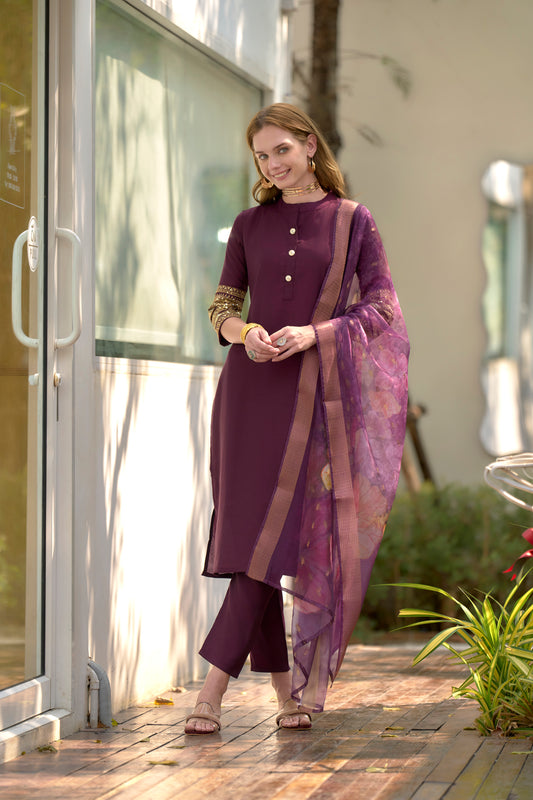 Dark-Wine Roman Kurta Set with Mandarin Collar & Printed Dupatta