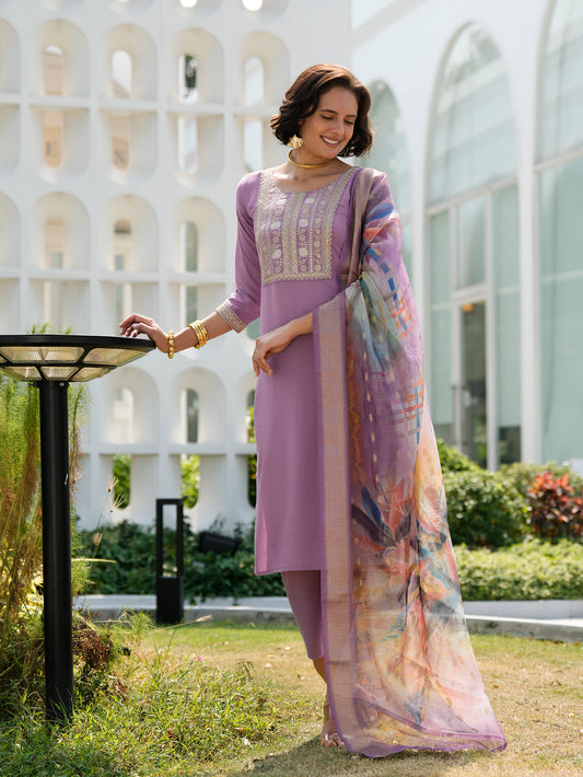 Lavender Embroidered Viscose-Rayon Kurta Set with Printed Organza Dupatta