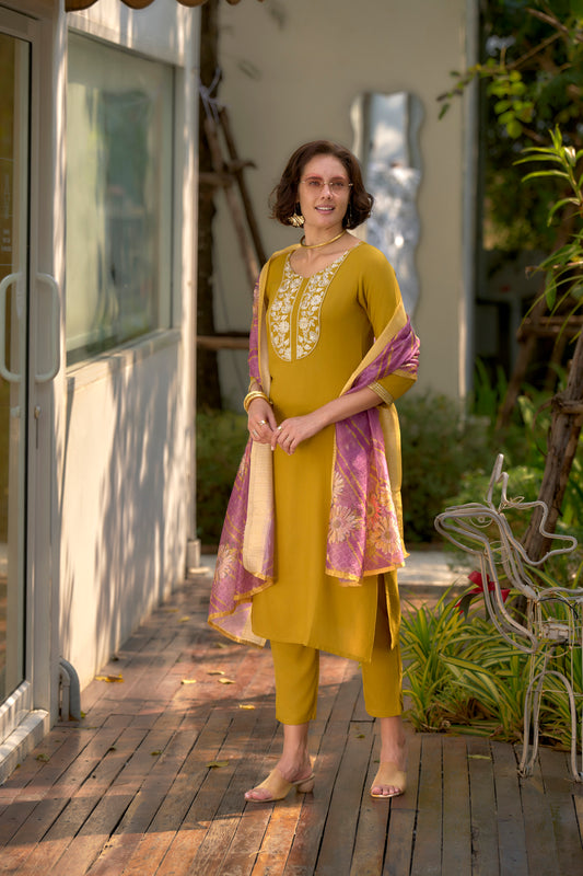 Elegant Mustard Ethnic Set with Embroidered Kurta and Printed Dupatta