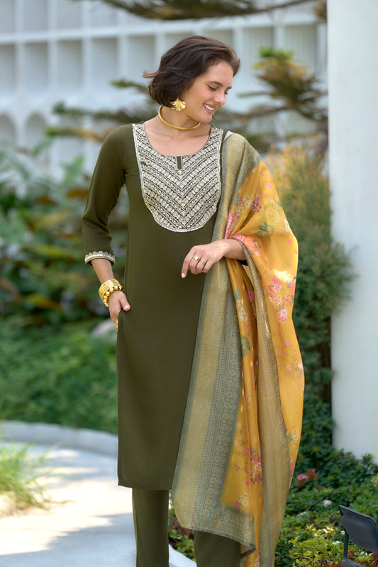 Mehandi-Green Embroidered Viscose-Rayon Kurta Set with Printed Organza Dupatta