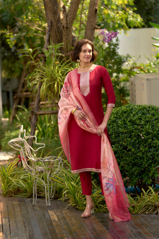 Classic Red Roman Fabric Kurta Set with Intricate Embroidery and Dupatta