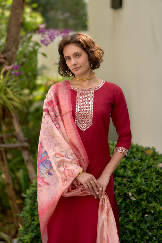 Classic Red Roman Fabric Kurta Set with Intricate Embroidery and Dupatta