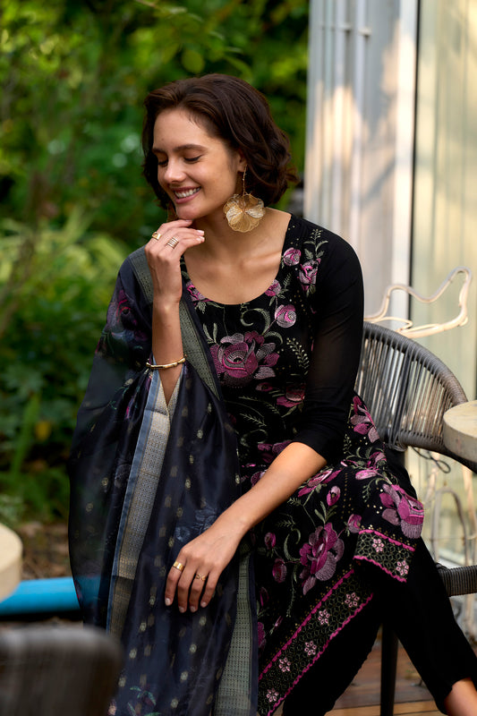 Black Rayon Embroidered Kurta Set with Organza Butti Dupatta