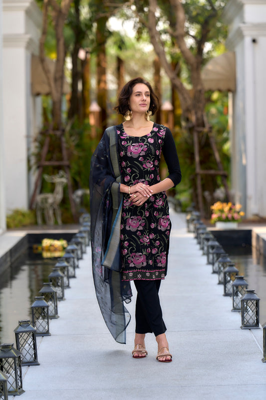 Black Rayon Embroidered Kurta Set with Organza Butti Dupatta