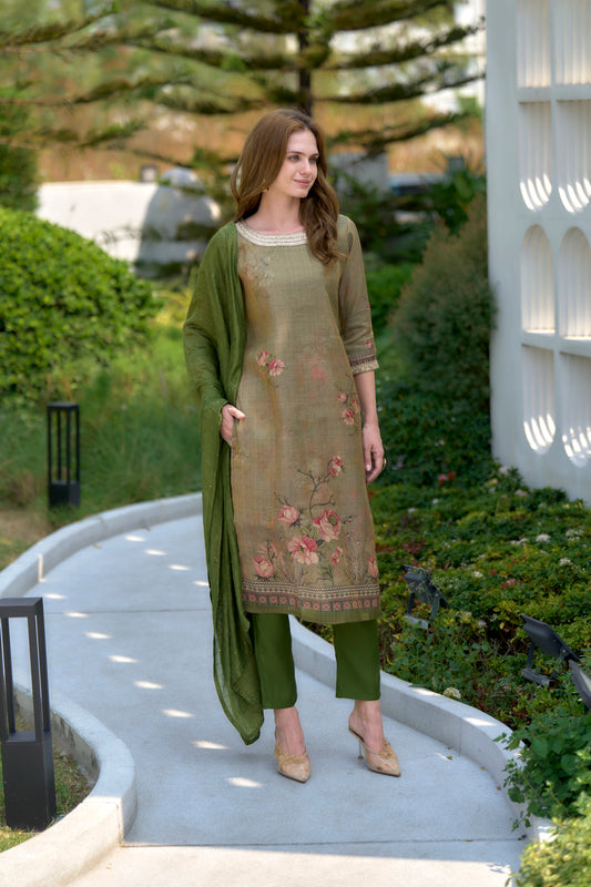 Moss-Green Tissue Kurta Set with Floral Print & Embroidered Dupatta