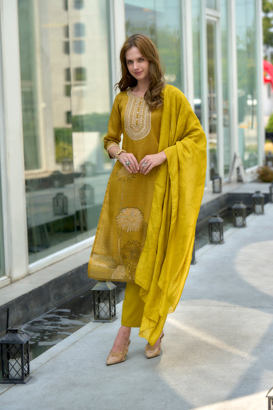 Mustard Yellow Tissue Kurta Set with Floral Print and Embroidered Dupatta