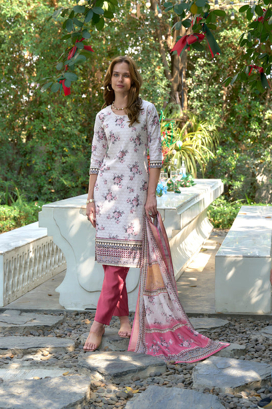 White Cotton Printed Kurta with Trouser & Linen Dupatta