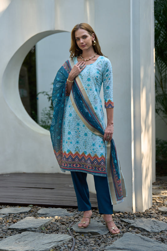 Skyblue Cotton Printed Kurta with Trouser & Linen Dupatta