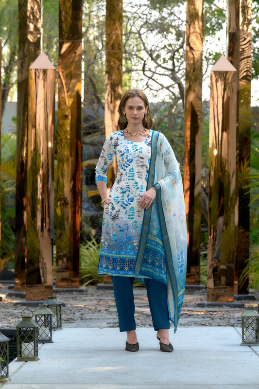 White Printed Cotton Kurta Set with Embroidered Neck and Roman Bottoms