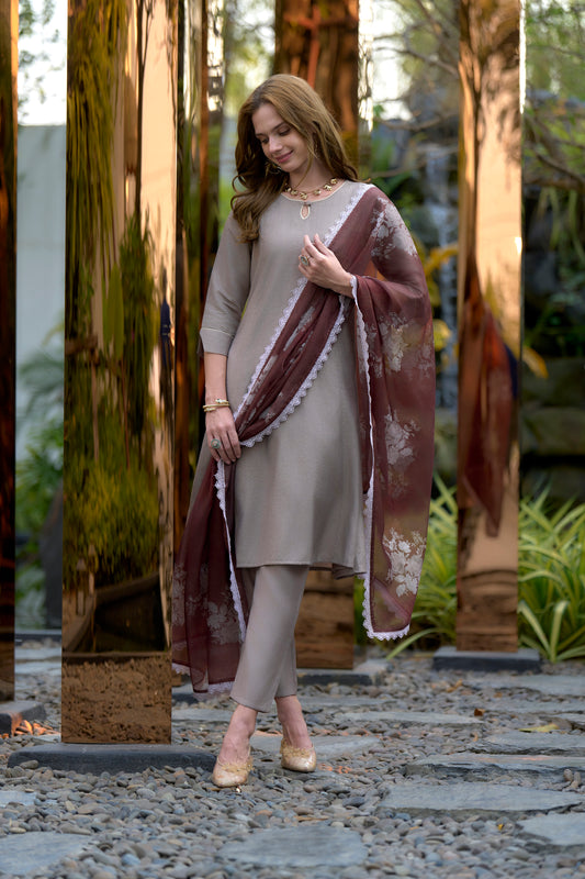 Grey Vatican Kurta Set with Embroidered Neckline and Organza Dupatta