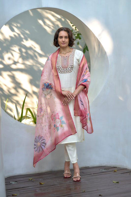 White Embroidered Kurta with Matching Trouser & Floral Organza Dupatta