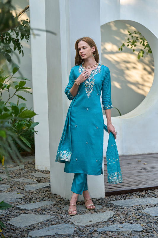 Teal Blue Kurta with Floral Embroidery, Fitted Trouser & Chanderi Jcard Dupatta