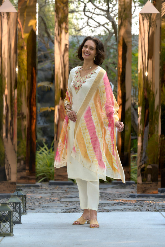 White Kurta with Floral Embroidery, Fitted Trouser & Chanderi Jcard Dupatta