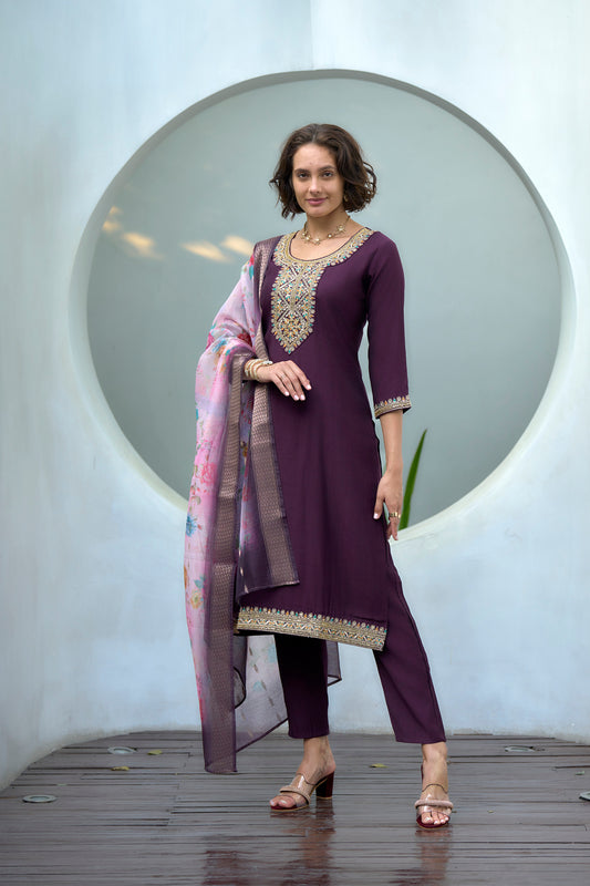 Wine Whisper Embroidered Kurta with Trouser & Printed Dreamscape Dupatta
